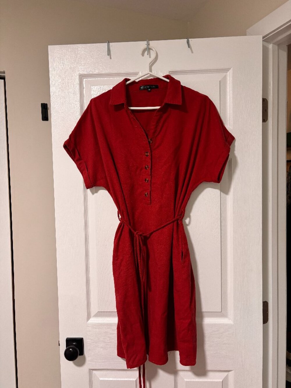 Red Linen Dress | Belted Button Front (Large)